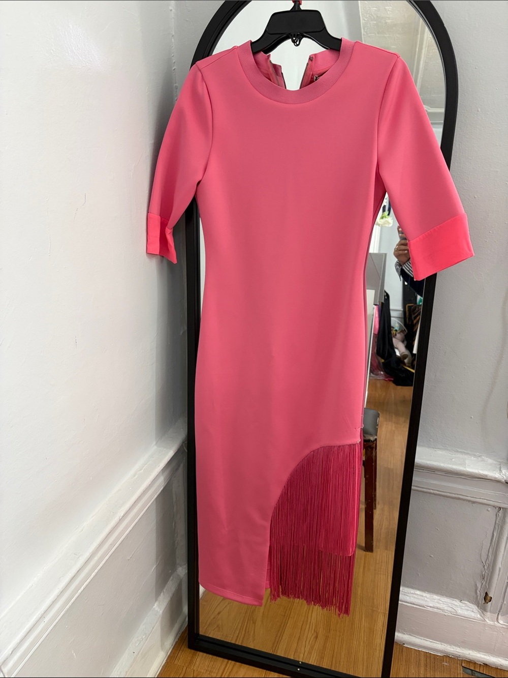 Alice + Olivia Coral-Pink Midi Dress with Fringe Hem